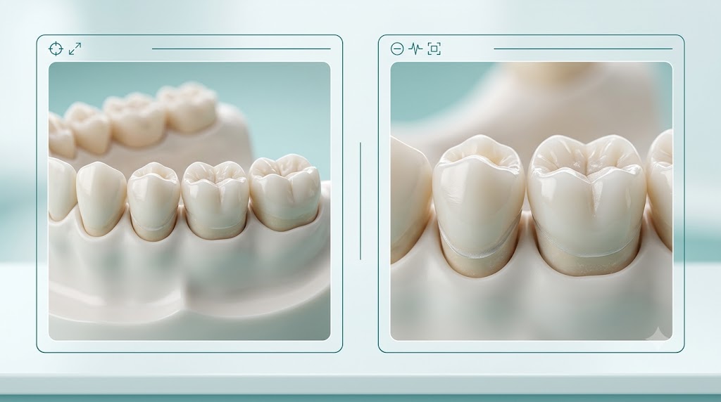 Side by side macro view comparison of dental loupe field of view at 2.5x vs 3.5x magnification