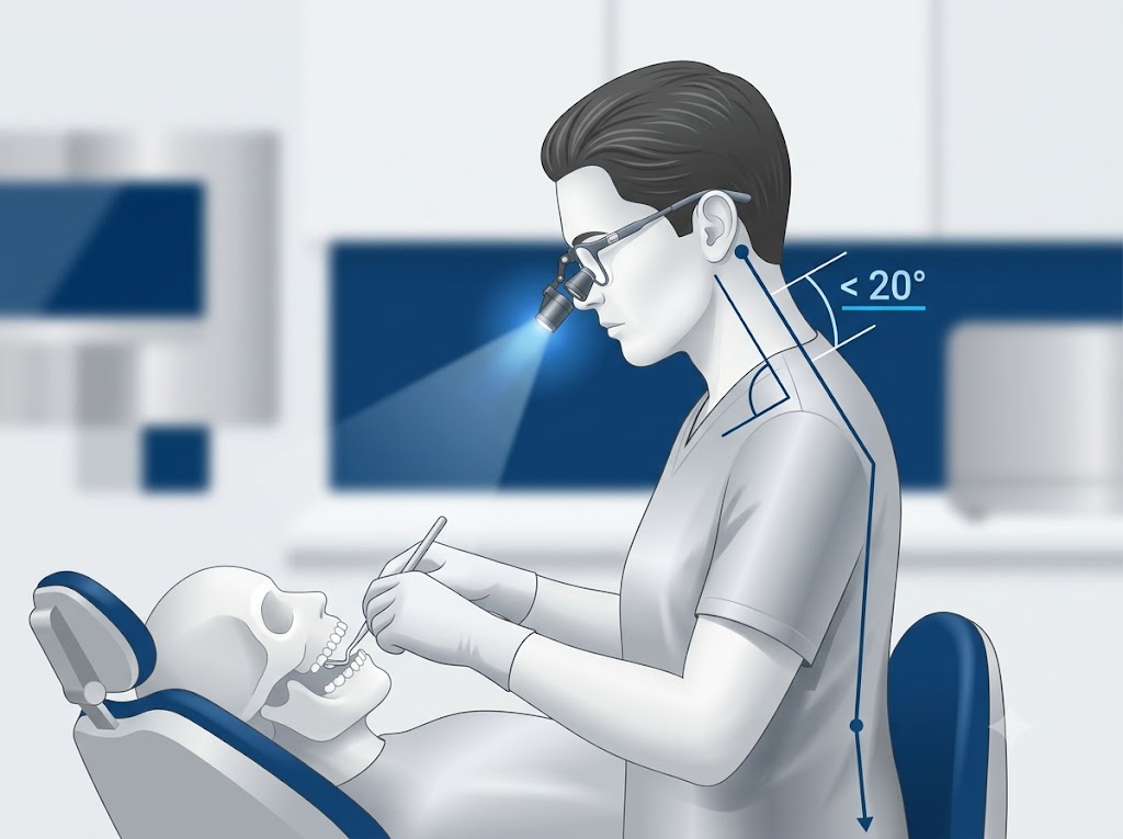 Technical vector diagram explaining declination angle and working distance mechanics for dental loupes