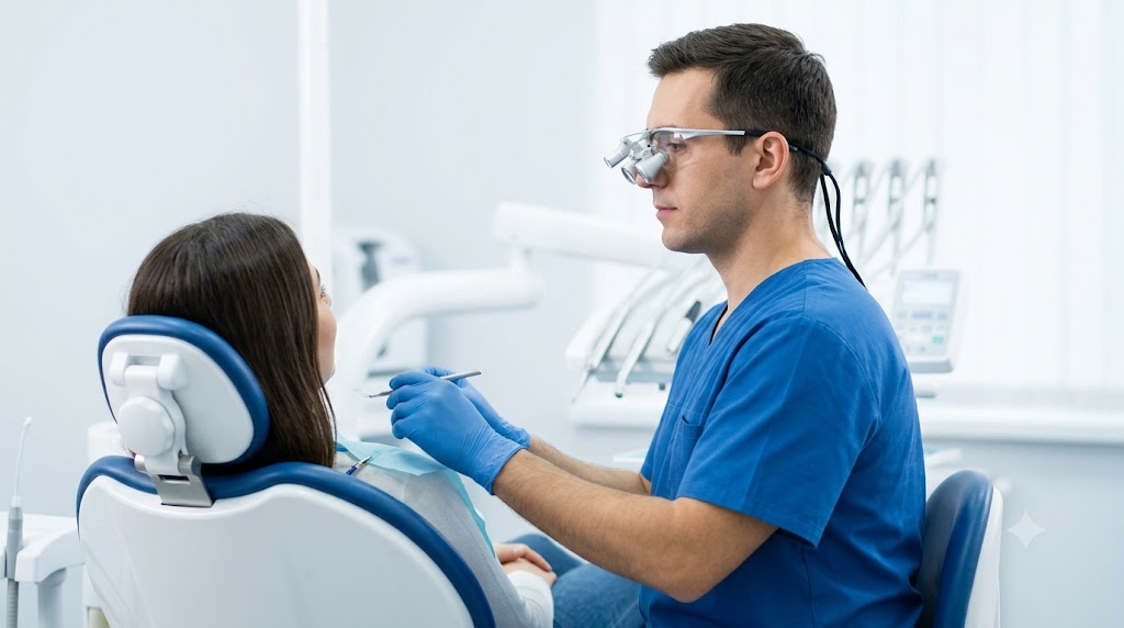 Dentist practicing dental ergonomics using refractive prism deflection loupes maintaining upright neutral neck flexion